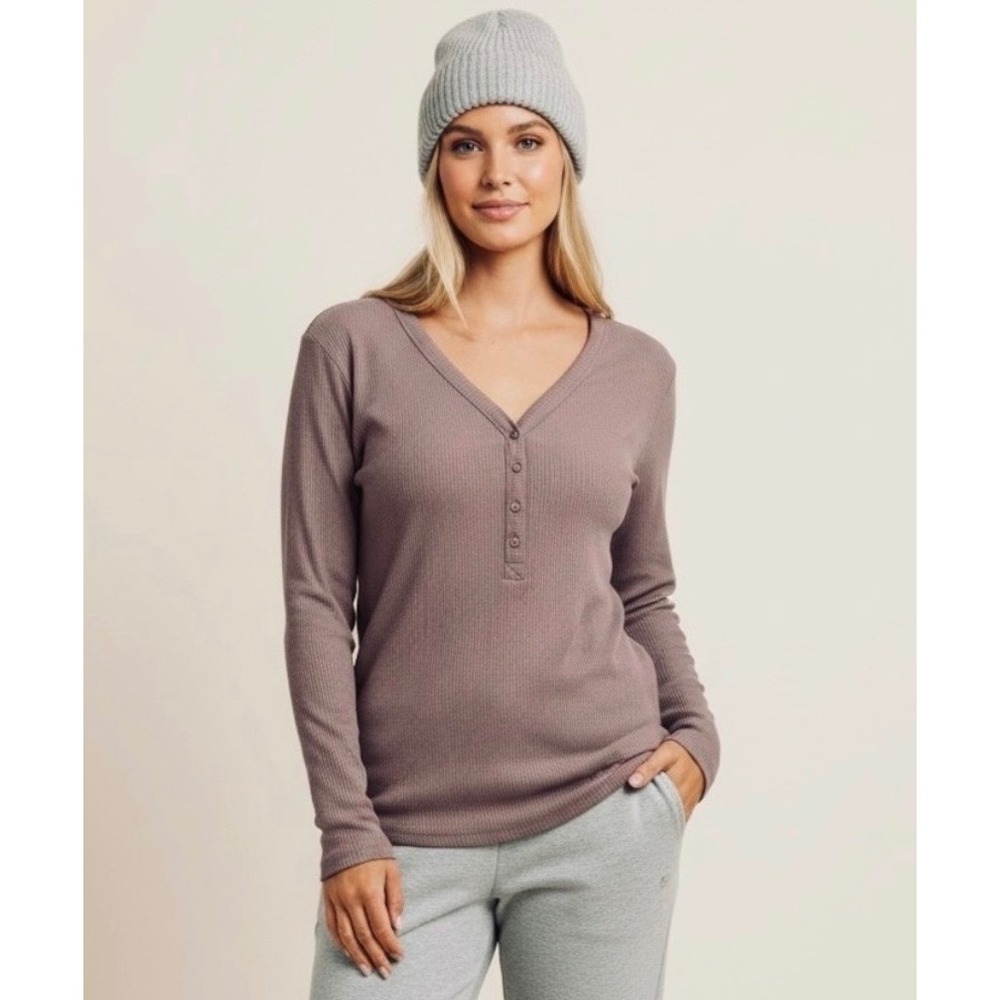 Reitmans Mauve Ribbed Henley Long Sleeve Top Size Medium V-Neck Knit